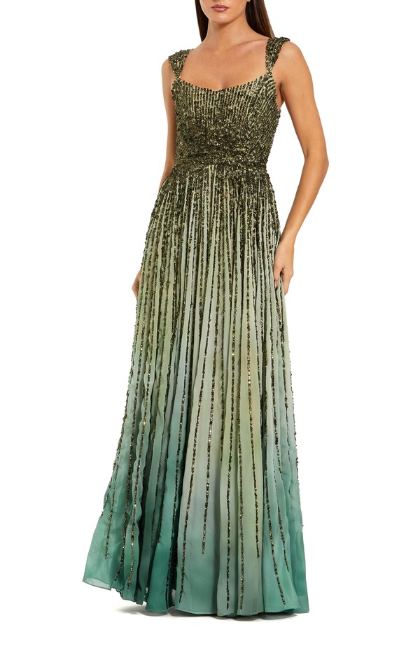 マックダガル レディース トップス ワンピース A ライン メッシュ キャップ Mac Duggal Cap Sleeve Ombre Mesh Scoop Neck A Line Gown Patina Green グリーン