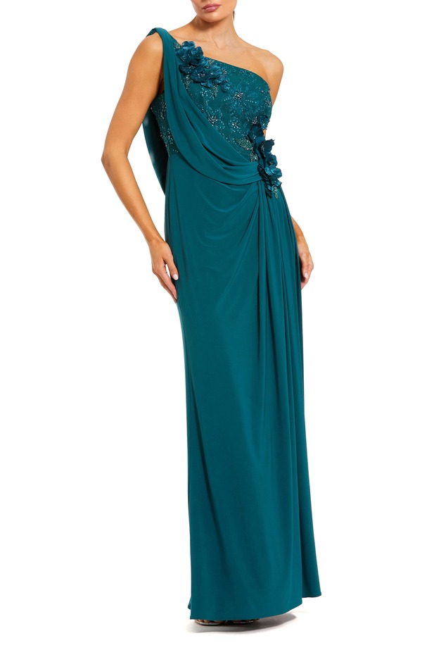 マックダガル レディース トップス ワンピース ジャージー Mac Duggal Women's Jersey One Shoulder Cowl Gown With 3D Flowers Ocean