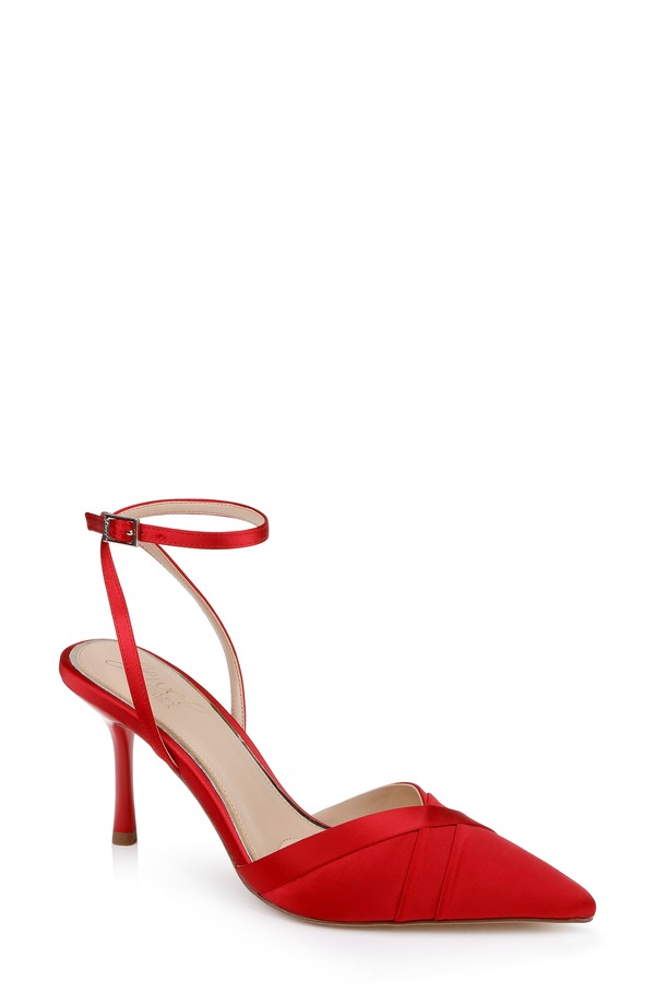 ジュウェルダグレイミシュカ レディース シューズ 踵 アンクル Jewel Badgley Mischka Parklyn Ankle Strapointed Toe Pump Red Satin 赤いこと