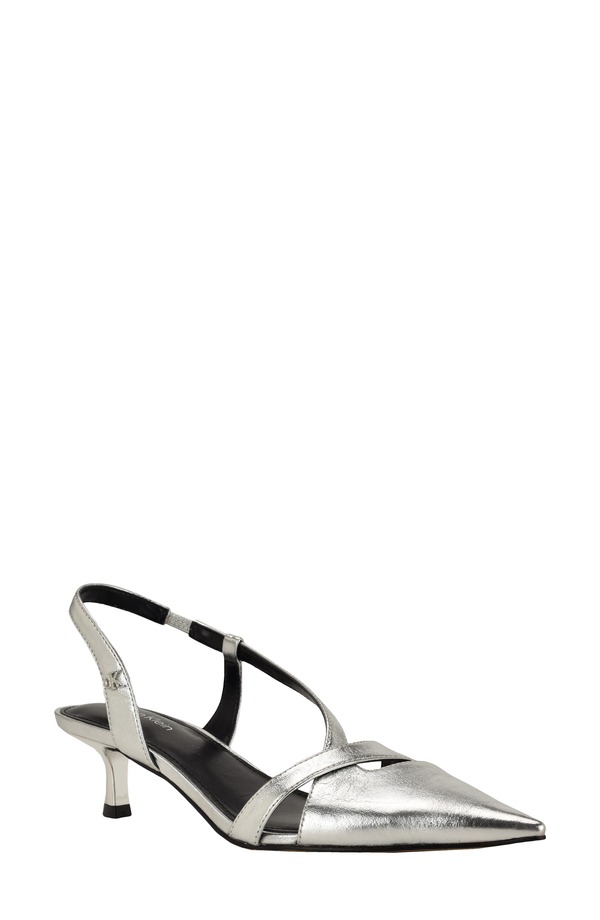 カルバンクライン レディース シューズ 踵 Calvin Klein Arlanna Slingback Pointed Toe Kitten Heel Pump Silver Metallic しろがね色