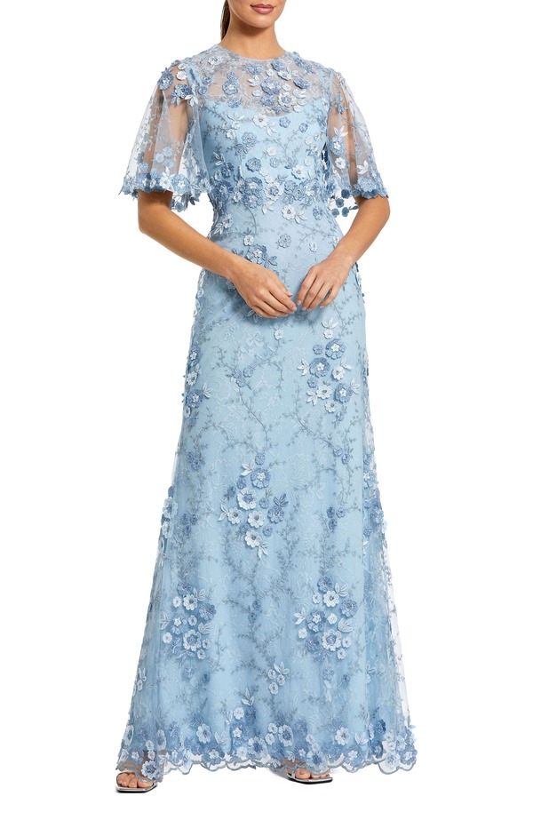 マックダガル レディース トップス ワンピース フラワー柄 フラワー Mac Duggal Women's Flutter Sleeve Floral Emboridered Net Gown French Blue ブルー 92,290円