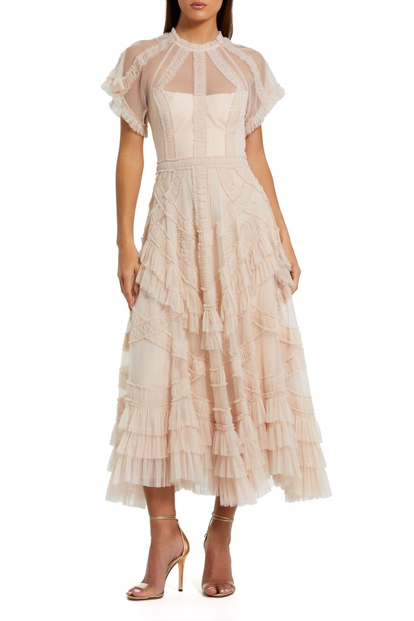 マックダガル レディース トップス ワンピース フリル メッシュ ミディ Mac Duggal Flutter Sleeve Micro Ruffle Mesh Midi Dress Blush ブラッシュ
