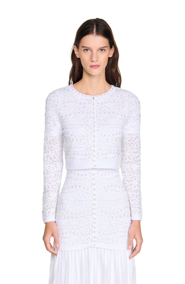 サンドロ レディース アウター パーカー・スウェット カーディガン クロップド SANDRO Cropped pearled cardigan White ホワイト