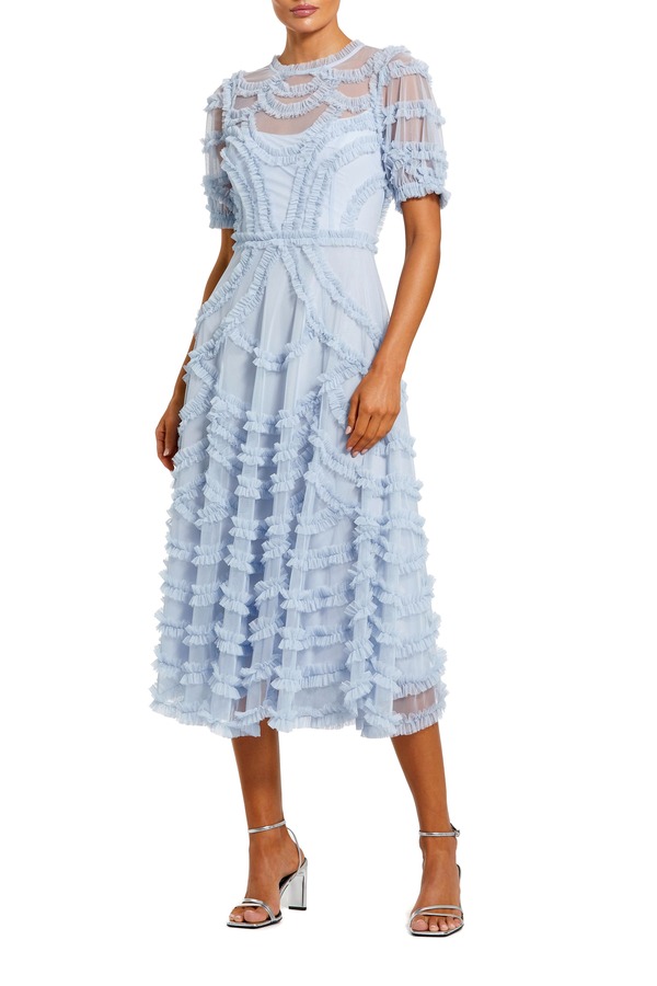 マックダガル レディース トップス ワンピース ハイネック フリル ミディ Mac Duggal High Neck Short Sleeve Ruffled Midi Dress Periwinkle|ReVida 店