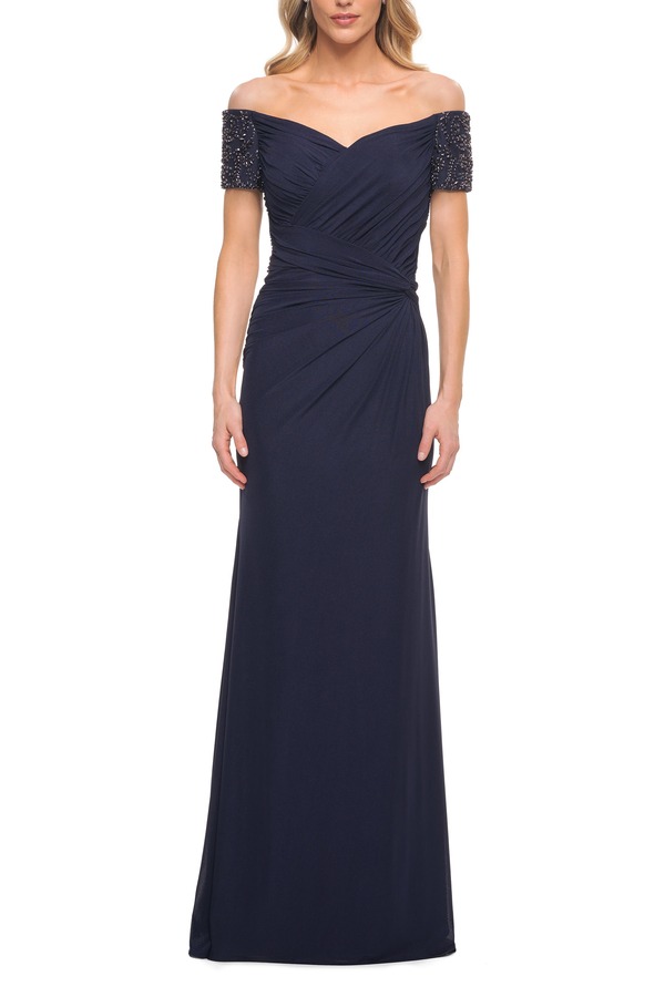 ラフェム レディース トップス ワンピース ジャージー La Femme Net Jersey Longown with Exquisite Beadedesignavy ネイビー