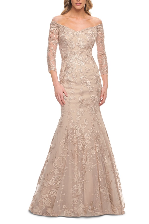 ラフェム レディース トップス ワンピース レース La Femme Long Lace Mermaid Gown with Off the Shoulder Top Champagne シャンパン
