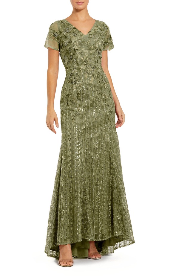 マックダガル レディース トップス ワンピース Vネック キャップ Mac Duggal Embellished V Neck Cap Sleeve Trumpet Gown Olive オリーブ