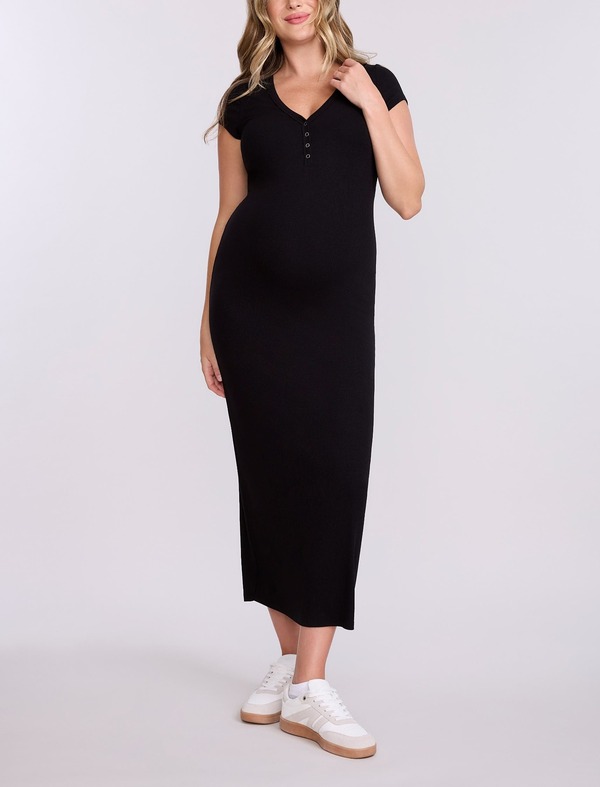 マザーフッドマタニティー レディース トップス ワンピース マキシ MOTHERHOOD MATERNITY Short Sleeve Henley Bodycon Maxi Dress Black ブラック｜ReVida 店
