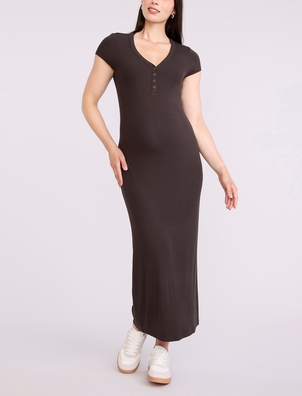 マザーフッドマタニティー レディース トップス ワンピース マキシ MOTHERHOOD MATERNITY Short Sleeve Henley Bodycon Maxi Dress Chocolate Tort チョコレート|ReVida 店