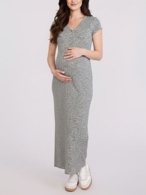マザーフッドマタニティー レディース トップス ワンピース マキシ MOTHERHOOD MATERNITY Short Sleeve Henley Bodycon Maxi Dress Heather Grey グレー