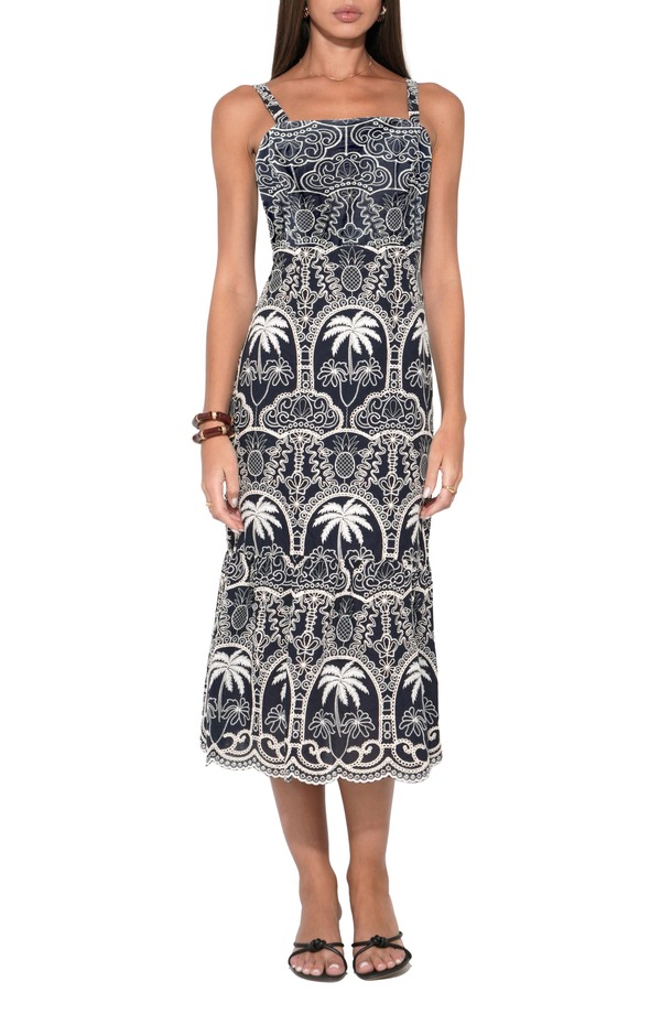 アドレイン ラエ レディース トップス 衣装 midi 綿織物 刺しゅう Adelyn Raevangelinembroidered Scalloped Hem Cotton Midi Dress Navy/ Ivory 象牙色