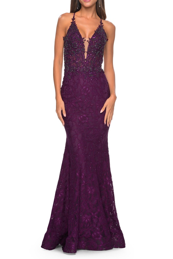 ラフェム レディース トップス ワンピース シアー レース La Femmexquisite Mermaid Lace Gown with Beaded Sheer Bodice Dark Berry|ReVida 店
