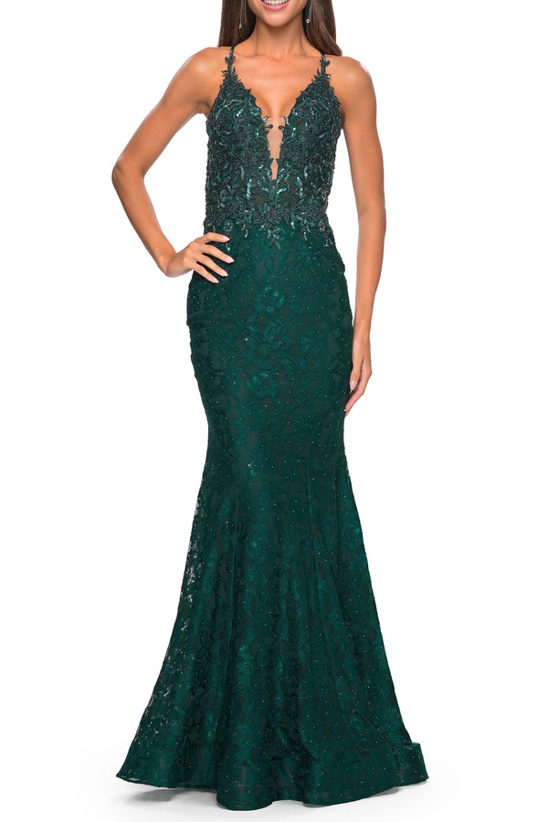 ラフェム レディース トップス ワンピース シアー レース La Femmexquisite Mermaid Lace Gown with Beaded Sheer Bodice Dark Emerald エメラルド
