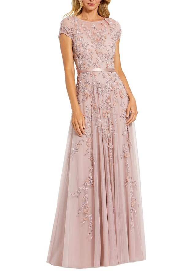 マックダガル レディース トップス ワンピース フラワー柄 プチ キャップ フラワー Mac Duggal Petite Floral Embellished Cap Sleeve Gown Mocha モカ