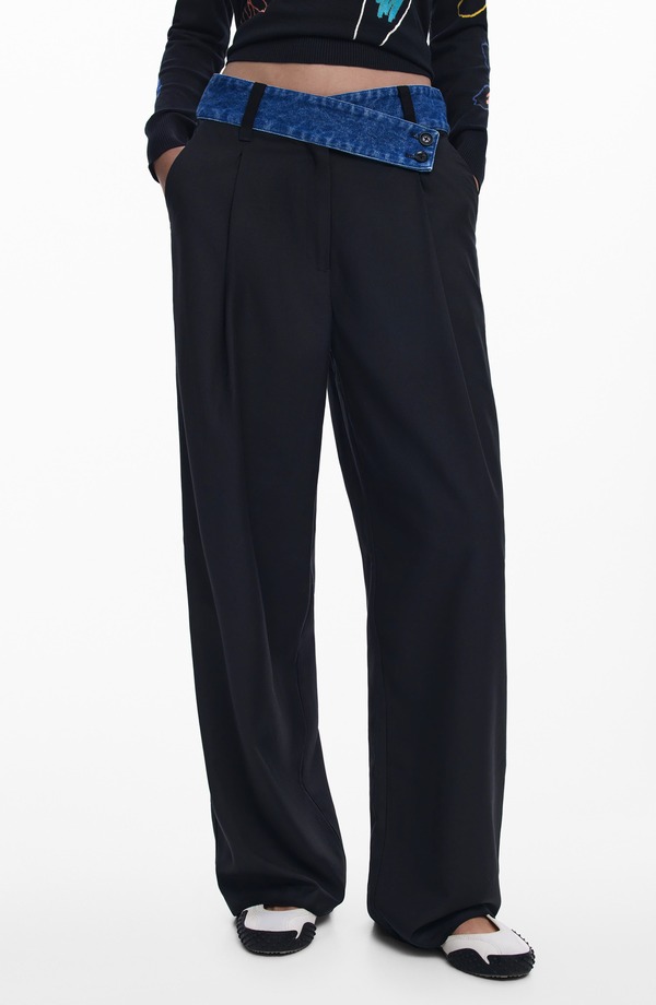 デジグアル レディース ボトムス ジーンズズボン下 ワイドレッグ Desigual Denim Waist Wide Leg Pants Black 黒いこと