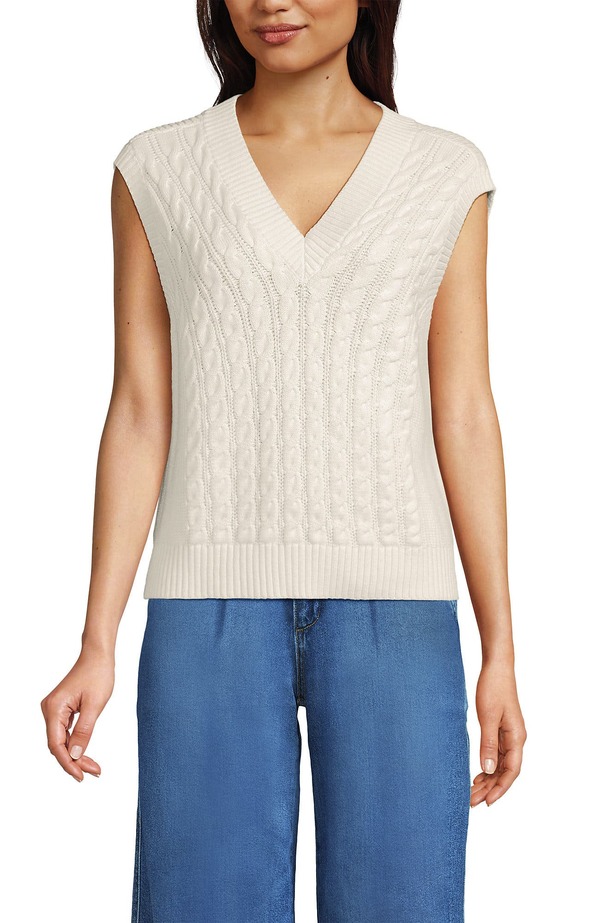 ランズエンド レディース アウター パーカー・スウェット Vネック ベスト セーター Lands' Endrifter Modern Cable V Neck Vest Sweater Fresh Ivory アイボリー|ReVida 店