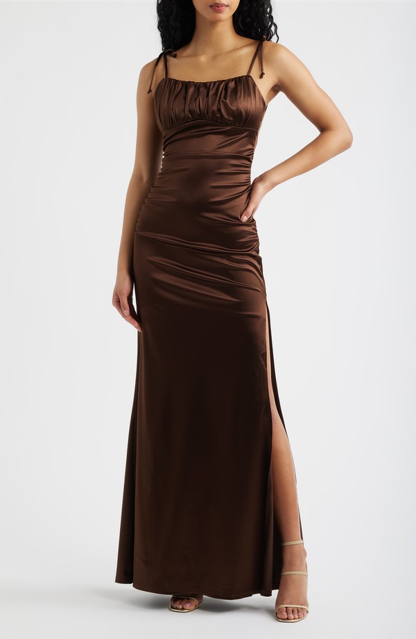 エメラルドサンデー レディース トップス ワンピース ギャザー サテン Emerald Sundaemma Ruched Tie Strap Satin Gown Chocolate チョコレート