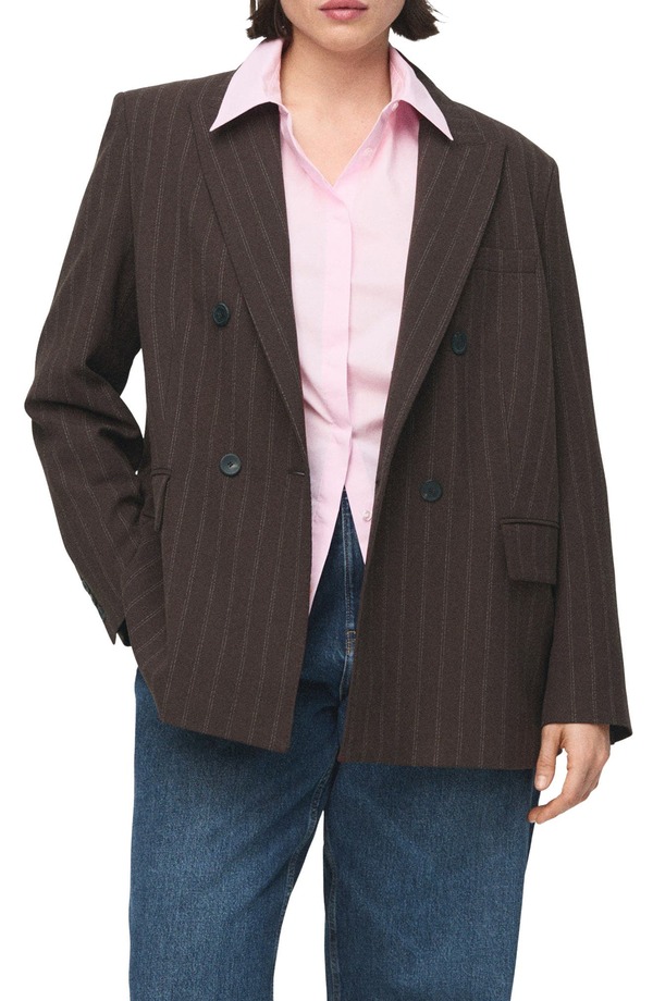 マンゴ レディース アウター ジャケット・ブルゾン ブレザー MANGO Double Breasted Pinstripe Blazer Brown ブラウン