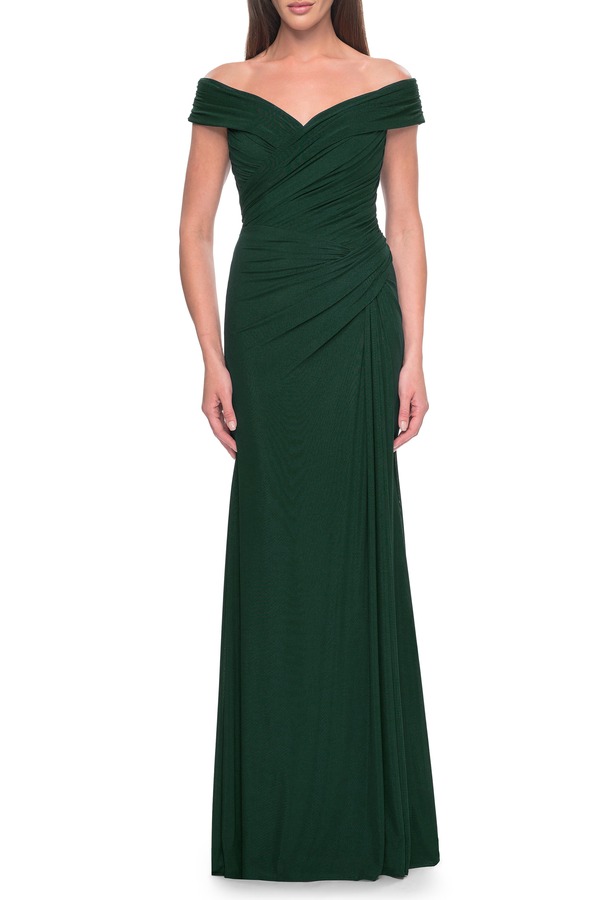 ラフェム レディース トップス ワンピース ジャージー La Femme Off the Shoulder Jersey Eveningown with Ruching Dark Emerald エメラルド｜ReVida 店