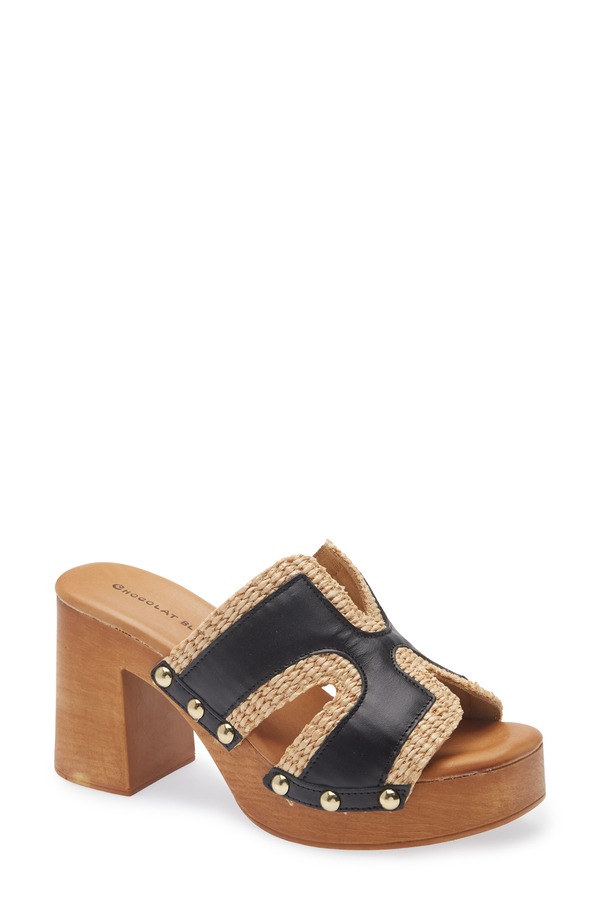 ショコラブルー レディース シューズ ヒール プラットフォーム サンダル Chocolat Blu Mae Platform Sandal Black Leather-Raffia ブラック