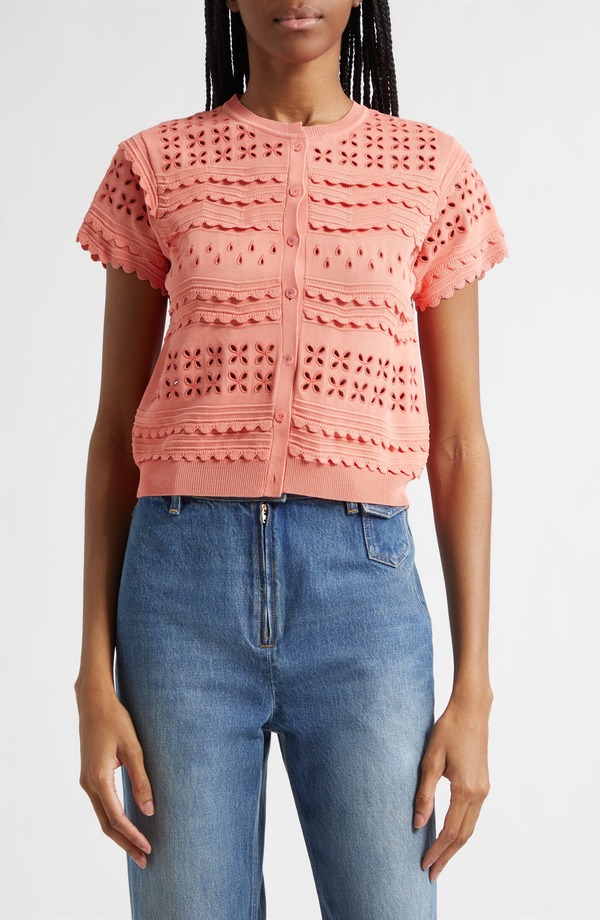 ウラ・ジョンソン レディース アウター パーカー・スウェット ジレー Ulla Johnson Abriana Eyelet Scallop Trim Cardigan Coral Peony コーラル
