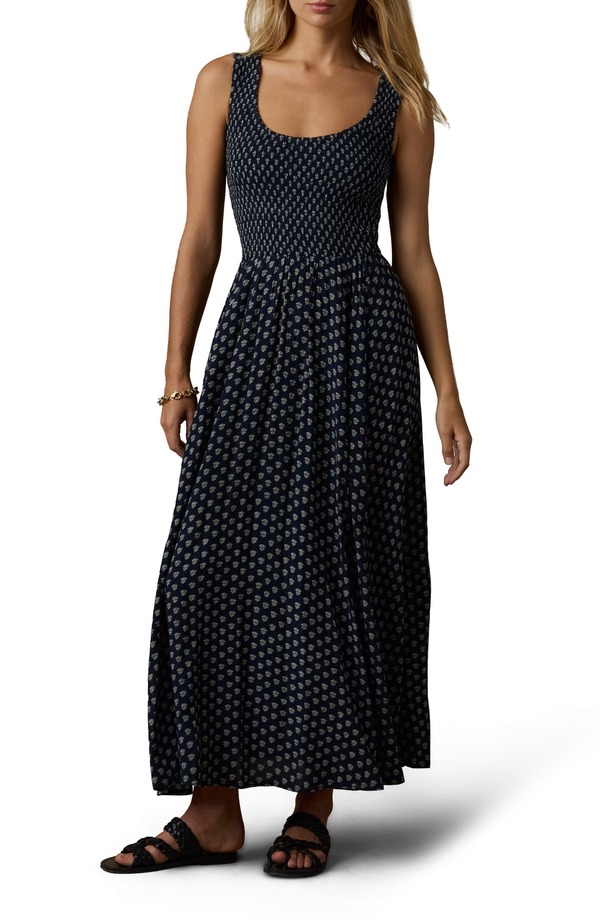 ファレティ レディース トップス ワンピース ノースリーブ シャーリング マキシ Faherty Sophia Smocked Sleeveless Maxi Dress Navy Lotus Floral ネイビー