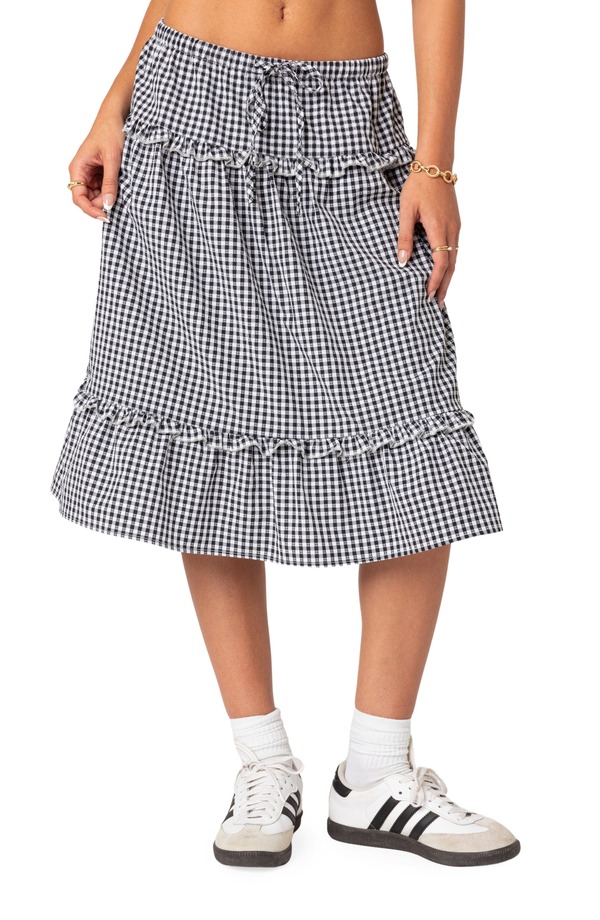 アディクテッド レディース ボトムスカート ティアード ギンガムチェック フリル ミディ ギンガム EDIKTED Gingham Tiered Ruffle Midi Skirt Black-And-White ホワイト