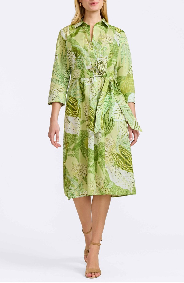 フォックスクラフト レディース トップス ワンピース プリント シャツ コットン Foxcroft Fiona Botanical Print Belted Cotton Shirtdress Green Multi グリーン