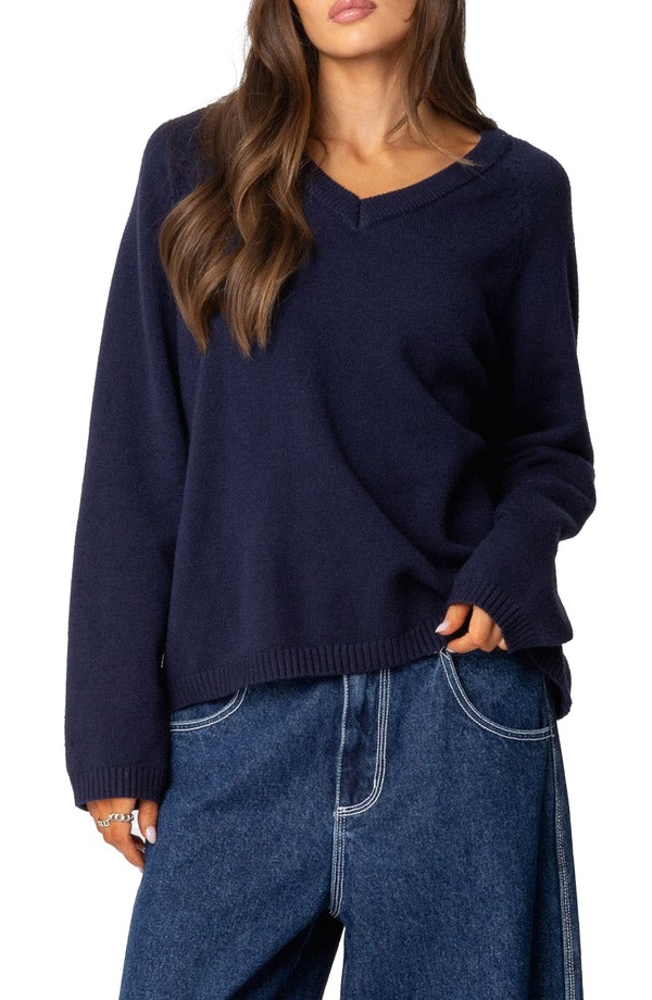 アディクテッド レディース アウター パーカー・スウェット Vネック セーター EDIKTED Martha Oversized V-Neck Sweater Navy ネイビー