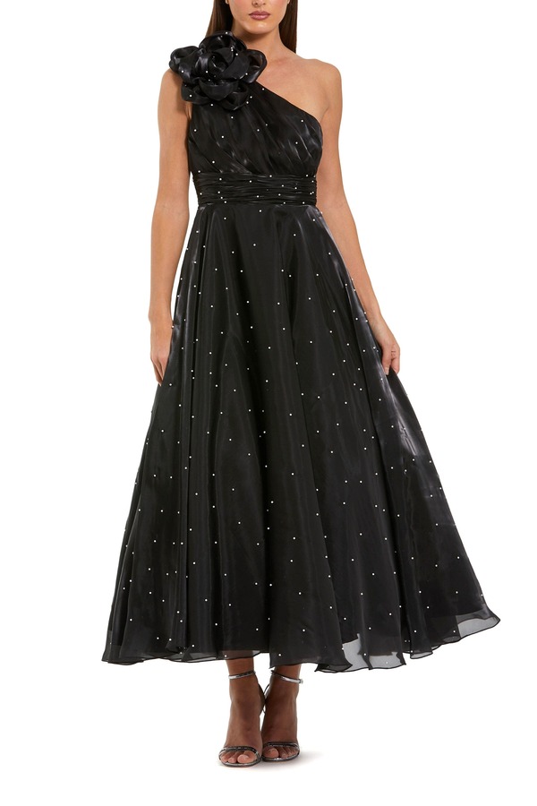 マックダガル レディース トップス ワンピース ミディ Mac Duggal Pearl Beaded Organza One Shoulder Midi Dress Black Ivory アイボリー