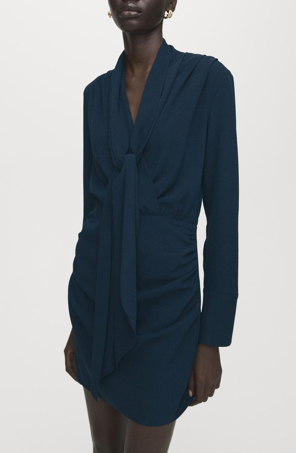 マンゴ レディース トップス ワンピース ドレープ MANGO Foulardrape Long Sleeve Dress Navy ネイビー｜ReVida 店
