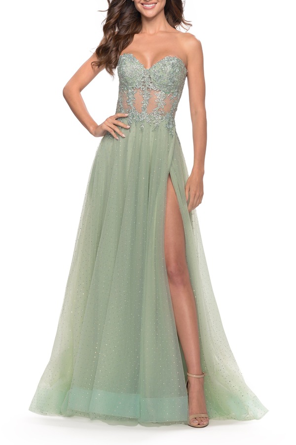 ラフェム レディース トップス ワンピース チュール シアー レース La Femme Rhinestone Tulle Gown with Sheer Lace Bodice Sage セージ|ReVida 店