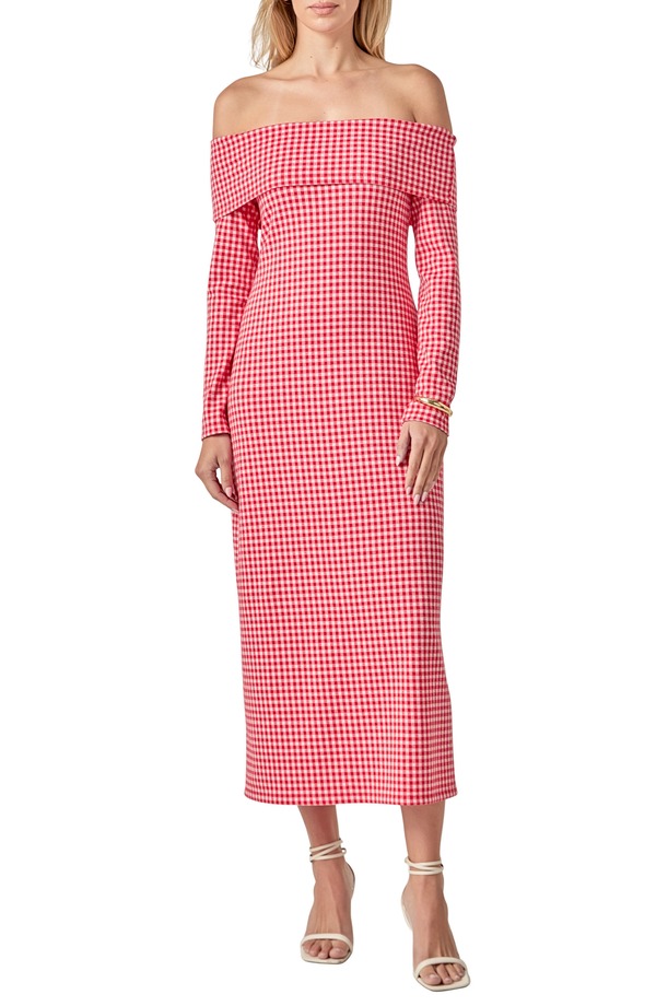 イングリッシュファクトリー レディース トップス ワンピース ギンガムチェック ミディ ギンガム English Factory Gingham Long Sleeve Off-the-Shoulder Midi Dress Red レッド