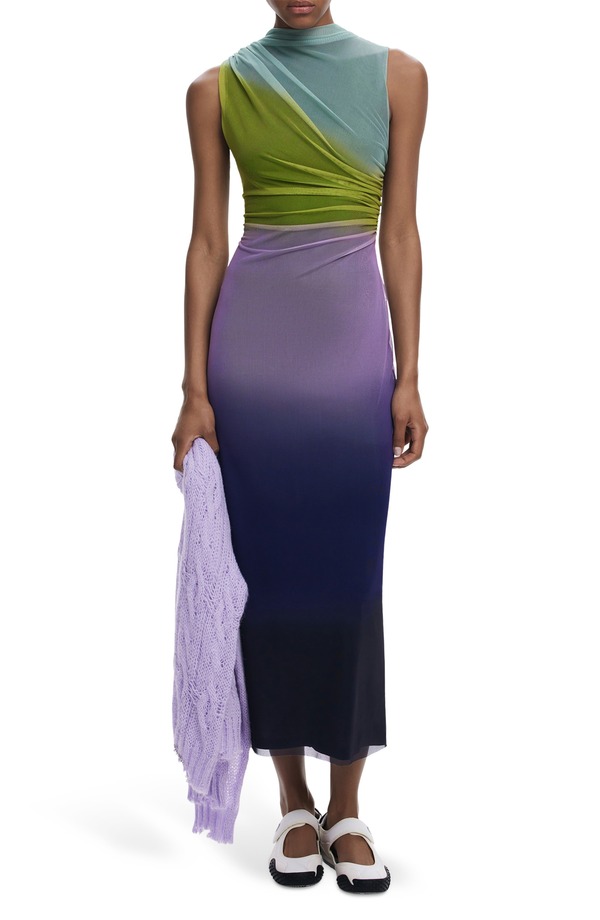 デジグアル レディース トップス ワンピース プリント ギャザー ノースリーブ マキシ Desigual Ombr Print Sleeveless Ruched Maxi Dress Purple パープル