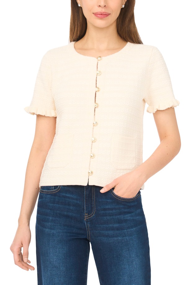 セセ レディース アウター パーカー・スウェット 綿織物 ジレー CeCe Short Sleeve Cotton Blend Cardigan Eggnog