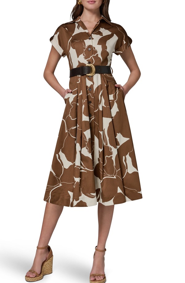 ダナ キャラン ニューヨーク レディース トップス ワンピース フラワー柄 ミディ シャツ コットン フラワー Donna Karanew York Floral Belted Stretch Cotton Midi Shirtdress Cognac/ Light Canvas