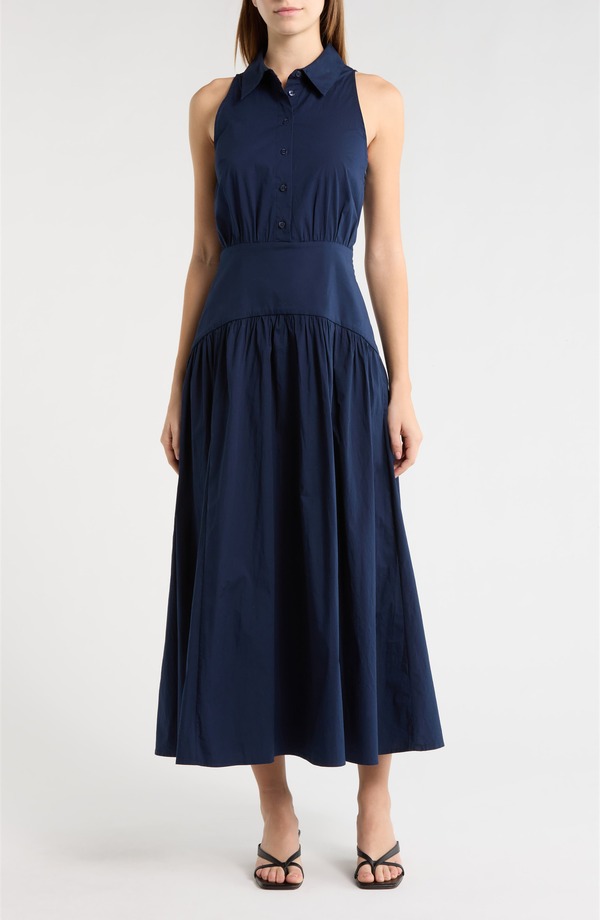 スタウド レディース トップス ワンピース シャツ ノースリーブ コットン STAUD Romy Sleevelesstretch Cotton Shirtdress Navy ネイビー
