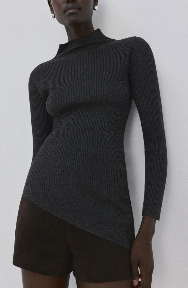マンゴ レディース アウター パーカー・スウェット モックネック アシンメトリー セーター MANGO Asymmetric Hemock Neck Sweater Charcoal チャコール