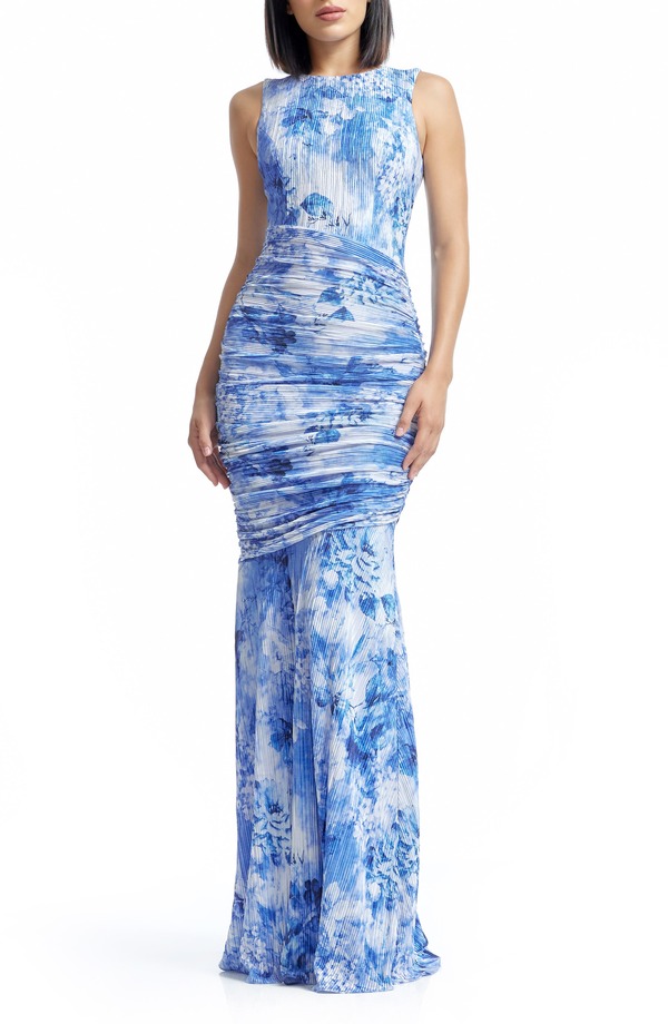 ドレスザポプレーション レディース トップス ワンピース フラワー柄 プリント フラワー Dress the Population Violetta Pliss Floral Printrumpet Gown Cerulean Blue Multi ブルー