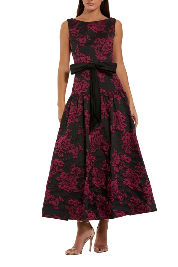 マックダガル レディース トップス ワンピース ミディ サテン Mac Duggal Women's Brocade Drop Waist Midi Dress With Satin Bow Magenta Multi マゼンタ