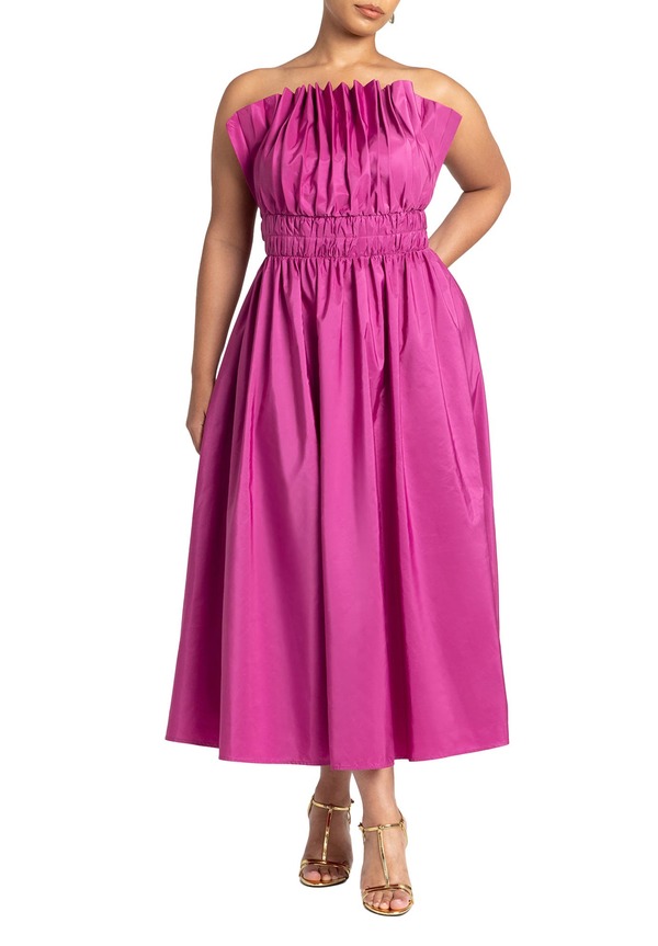 エロクイ レディース トップス ワンピース プリーツ フリル ミディ ELOQUII Pleated Ruffle Neckline Midi Dress Vivid Viola