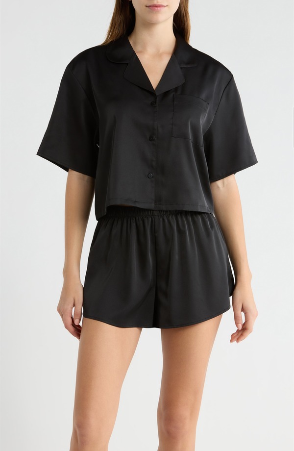 オープンエディット レディース アンダー御召しもの ナイト爵御召しもの 繻子 Open Edit Boxy Stretch Satin Short Pajamas Black 黒いこと