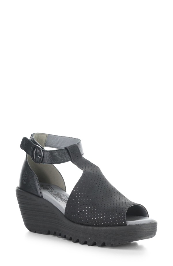 飛球英国の首都 レディース シューズ 踵 プラットホーム サンダル アンクル Fly London Lemo Ankle Straplatform Wedge Sandal Black 黒いこと
