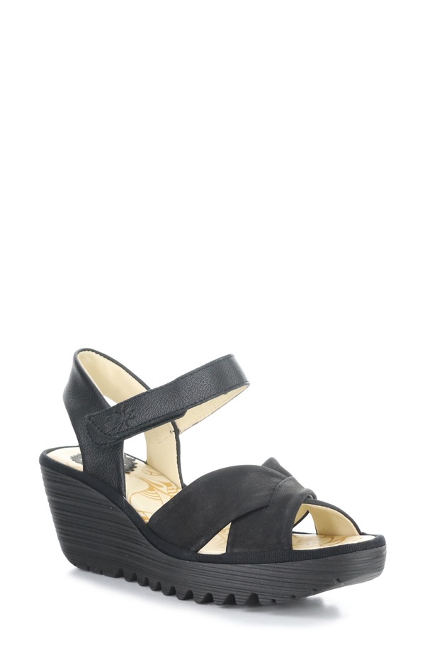 飛球英国の首都 レディース シューズ 踵 プラットホーム サンダル アンクル Fly London Yorg Ankle Straplatform Wedge Sandal Black 黒いこと