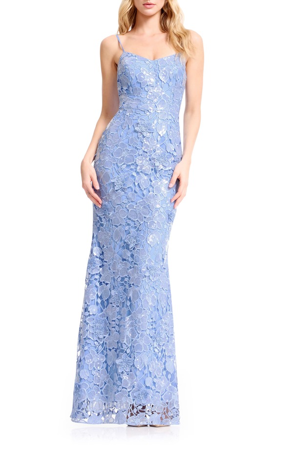 ドレスザポプレーション レディース トップス ワンピース フラワー柄 スパンコール レース フラワー Dress the Population Giovanna Sequin Floralace Mermaid Gown Sky