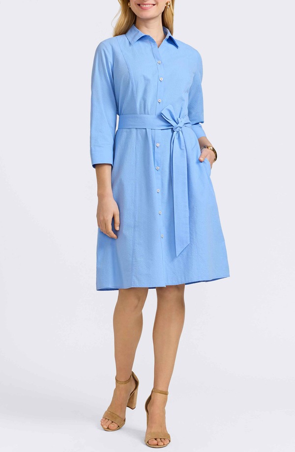 フォックスクラフト レディース トップス ワンピース シャツ Foxcroft Fiona Belted Seersucker Shirtdress Lake Blue ブルー