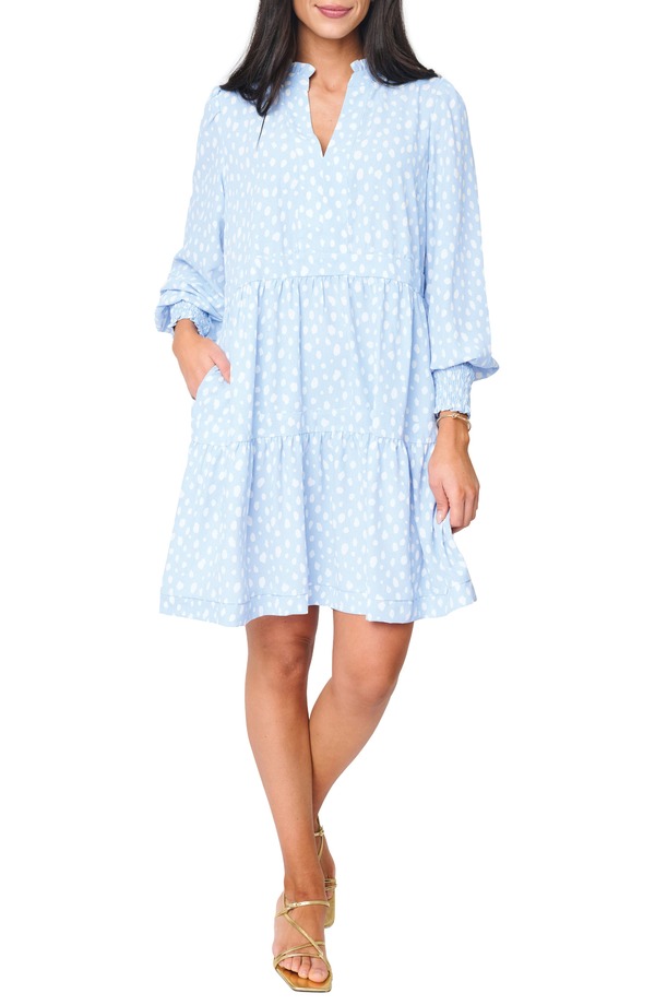 ギブソンルック レディース トップス ワンピース ティアード プリント GIBSONLOOK Printed Tiered Long Sleeve Dressky Blue Off White Dot オフホワイト