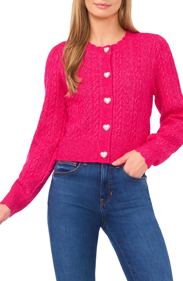 セセ レディース アウター パーカー・スウェット カーディガン CeCe Heart Button Pointell Cardigan Electric Pink ピンク