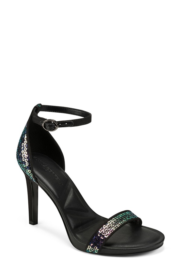 カール ラガーフェルド レディース シューズ ヒール サンダル スパンコール アンクル KARLAGERFELD PARIS Kenz Sequin Ankle Strap Sandal Multi/ Black ブラック｜ReVida 店