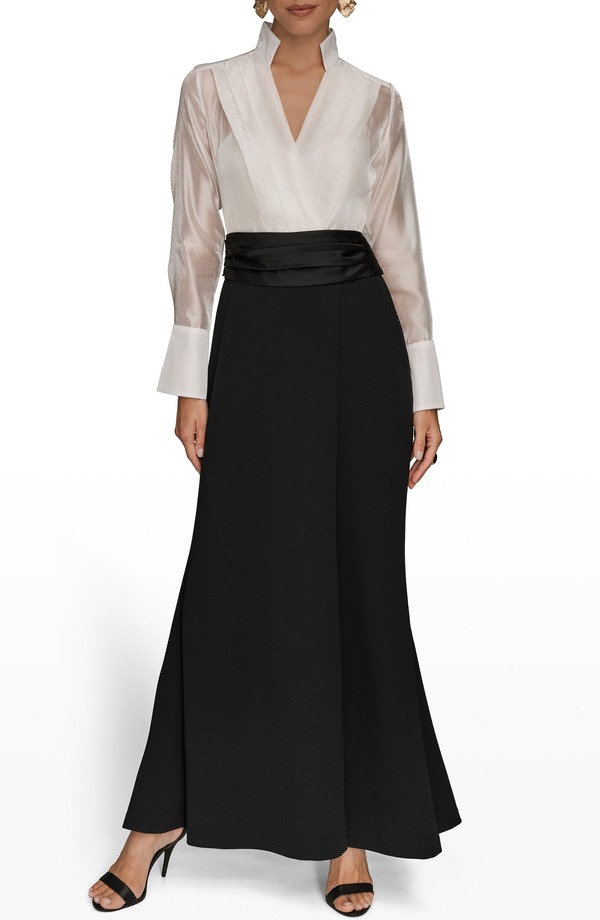ダナ キャラン ニューヨーク レディース トップス ワンピース Donna Karanew York Organza Bodice Long Sleeve Gown Cream/ Black クリーム